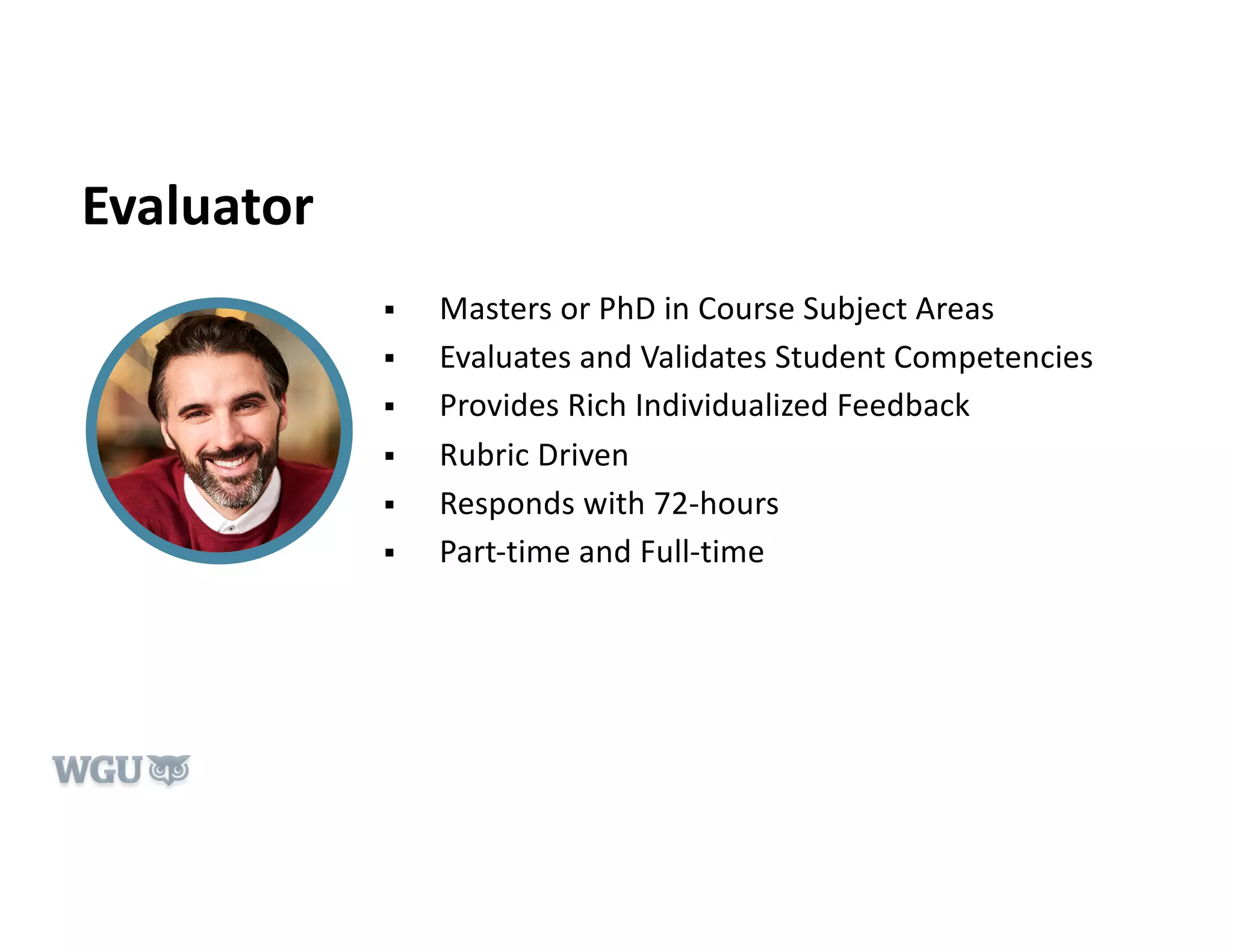 Evaluator
§ Masters or PhD in Course Subject Areas
§ Evaluates and Validates Student Competencies
§ Provides Rich Individualized Feedback
§ Rubric Driven
§ Responds with 72-hours
§ Part-time and Full-time
 