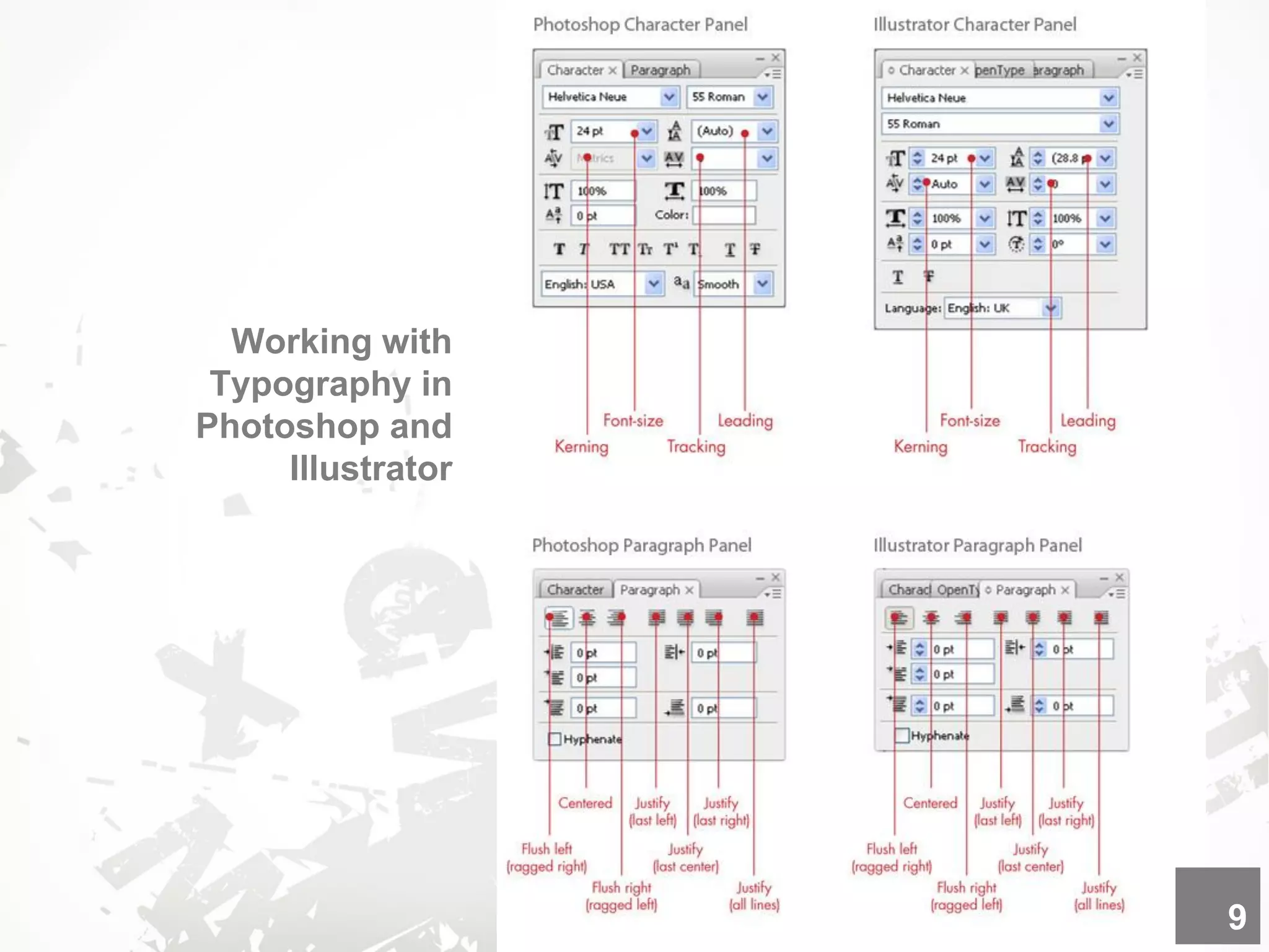 Working with
Typography in
Photoshop and
Illustrator
9
 