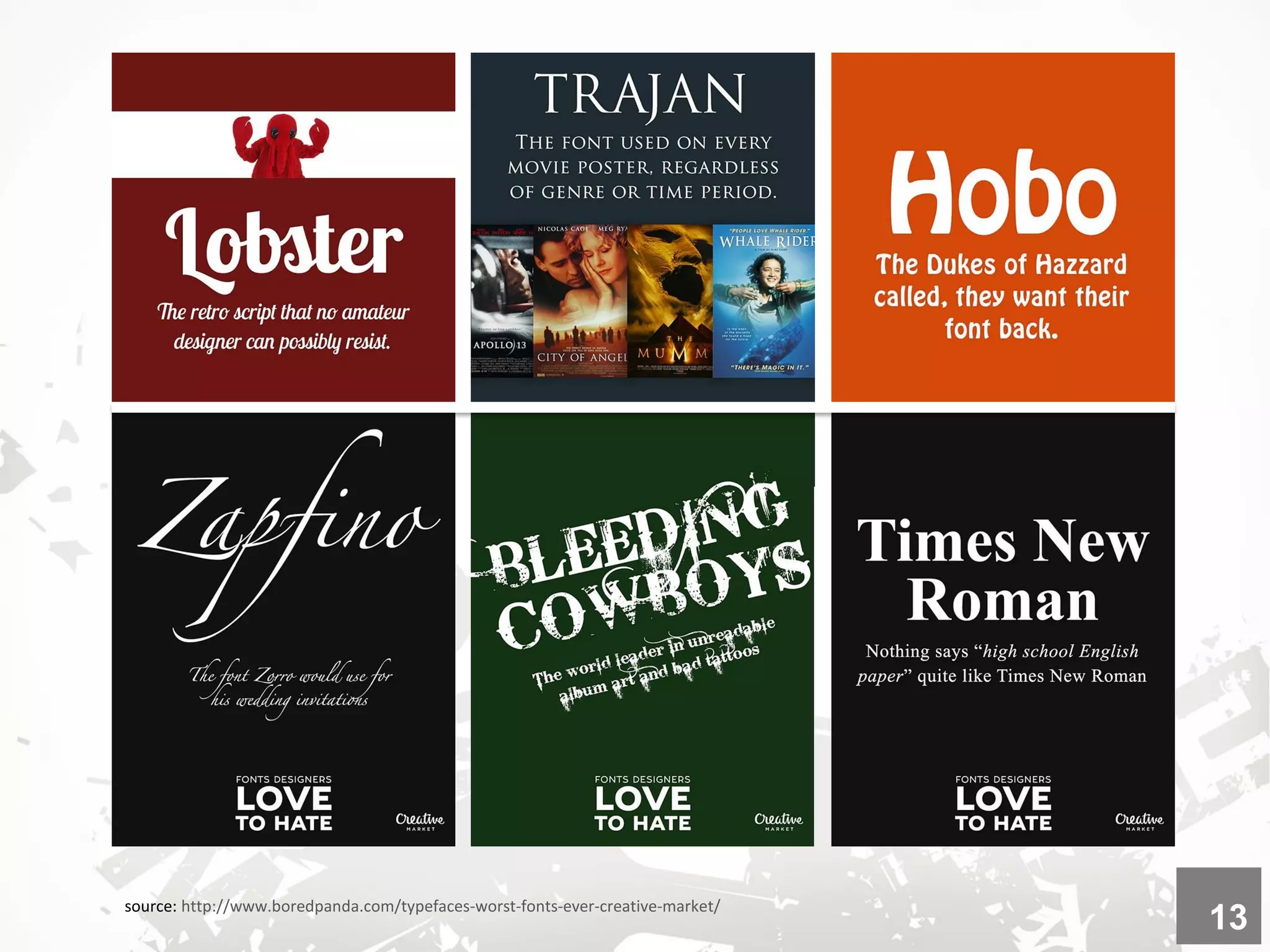 source: http://www.boredpanda.com/typefaces-worst-fonts-ever-creative-market/
13
 