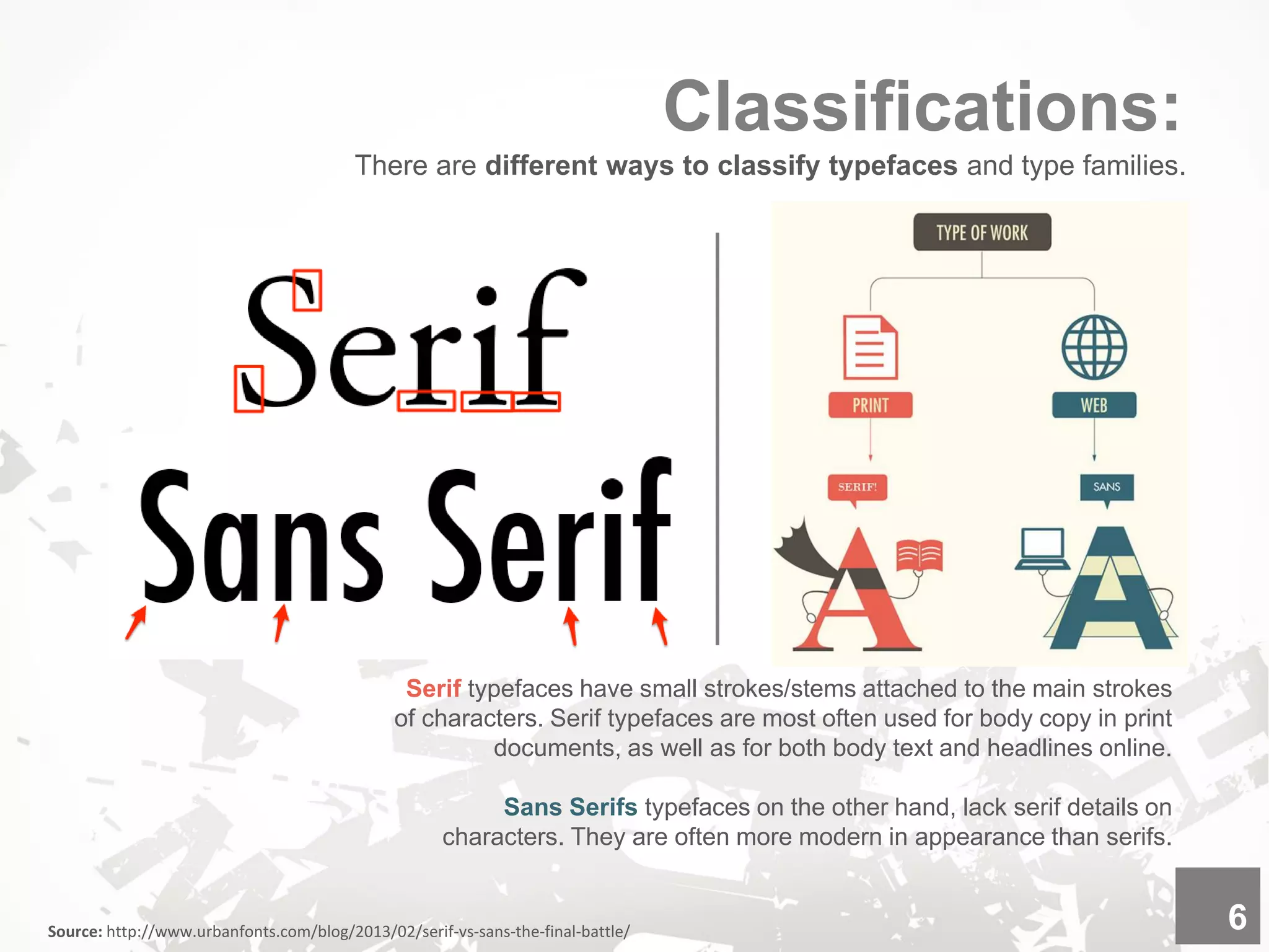 Classifications:
Source: http://www.urbanfonts.com/blog/2013/02/serif-vs-sans-the-final-battle/ 6
There are different ways to classify typefaces and type families.
Serif typefaces have small strokes/stems attached to the main strokes
of characters. Serif typefaces are most often used for body copy in print
documents, as well as for both body text and headlines online.
Sans Serifs typefaces on the other hand, lack serif details on
characters. They are often more modern in appearance than serifs.
 