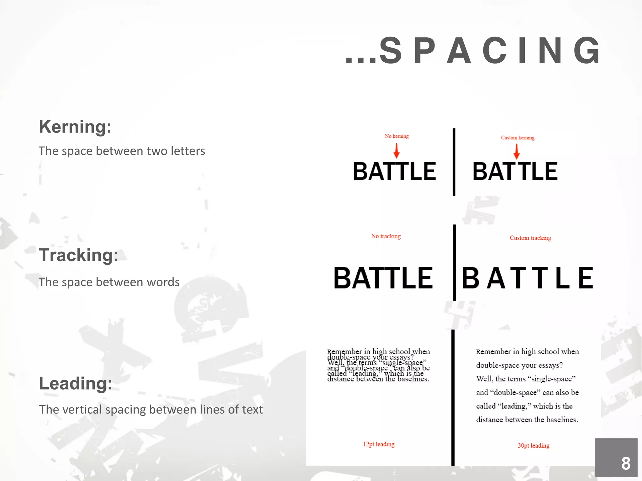 …S P A C I N G
Kerning:
Tracking:
Leading:
The space between two letters
The space between words
The vertical spacing between lines of text
8
 