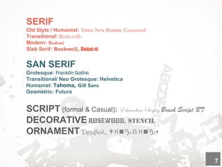 SERIF
Old Style / Humanist: Times New Roman, Garamond
Transitional: Baskerville
Modern: Bodoni
Slab Serif: Rockwell, Blackoakstd
SAN SERIF
Grotesque: Franklin Gothic
Transitional/ Neo Grotesque: Helvetica
Humanist: Tahoma, Gill Sans
Geometric: Futura
SCRIPT (formal & Casual): Edwardian Script , Brush Script BT
DECORATIVE Rosewood,
ORNAMENT Symbol, Wingdings
7
 