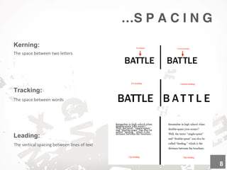 …S P A C I N G
Kerning:
Tracking:
Leading:
The space between two letters
The space between words
The vertical spacing between lines of text
8
 