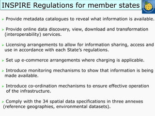 Ø  Provide metadata catalogues to reveal what information is available.
Ø  Provide online data discovery, view, download and transformation
(interoperability) services.
Ø  Licensing arrangements to allow for information sharing, access and
use in accordance with each State’s regulations.
Ø  Set up e-commerce arrangements where charging is applicable.
Ø  Introduce monitoring mechanisms to show that information is being
made available.
Ø  Introduce co-ordination mechanisms to ensure effective operation
of the infrastructure.
Ø  Comply with the 34 spatial data specifications in three annexes
(reference geographies, environmental datasets).
INSPIRE Regulations for member states
 