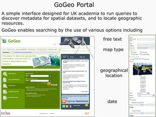 A simple interface designed for UK academia to run queries to
discover metadata for spatial datasets, and to locate geographic
resources.
GoGeo enables searching by the use of various options including
GoGeo Portal
free text
map type
geographical
location
date
 