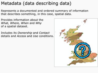 Represents a documented and ordered summary of information
that describes something, in this case, spatial data.
Provides information about the
What, Where, When and Why
of a spatial dataset.
Includes its Ownership and Contact
details and Access and Use conditions.
Metadata (data describing data)
 