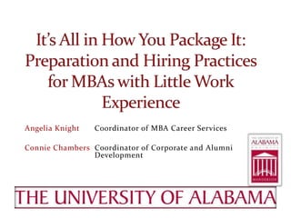Angelia Knight Coordinator of MBA Career Services
Connie Chambers Coordinator of Corporate and Alumni
Development
 