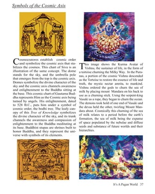 Symbols of the Cosmic Axis




C    osmocratores establish cosmic order

                                                 T
     and symbolize the cosmic axis that sta-          his image shows the Kurma Avatar of
bilizes the cosmos. This chart of Siva is an          Vishnu, the sustainer of life, in the form of
illustration of the same concept. The dome       a tortoise churning the Milky Way. In the Pura-
stands for the sky, and the umbrella pole        nas, a portion of the cosmic Vishnu descended
that emerges from the top is the cosmic axis.    as the Tortoise to restore the essence of life and
Domes symbolize the divine character of the      truth, the mystic nectar amrita, to mankind.
sky and the cosmic axis channels awareness       Vishnu ordered the gods to churn the sea of
and enlightenment to the Buddha sitting at       milk by placing mount Mandara on his back to
the base. This cosmic chart of Gautama Bud-
                                                 use as a churning stick. Using the serpent-king
dha represents Him as the Cosmic axis being
                                                 Vasuki as a rope, they began to churn the ocean.
turned by angels. His enlightenment, dated
                                                 The demons took hold of one end of Vasuki and
to 528 B.C., puts him under a symbol of
                                                 the devas held the other, twirling Mount Man-
cosmic order, the bodhi tree. The leafy can-
                                                 dara about. Cosmically this churning of the sea
opy of this Tree of Knowledge symbolizes
the divine character of the sky, and its trunk   of milk relates to a period before the earth’s
channels the awareness and compassion of         formation, the sea of milk being the expanse
enlightenment to the Buddha meditating at        of space populated by the nebulae and diffuse
its base. Buddhist stupas are shrines built to   seeds and substance of future worlds and their
honor Buddha, and they represent the uni-        hierarchies.
verse with symbols of its elements.




                                                                           It’s A Pagan World 37
 