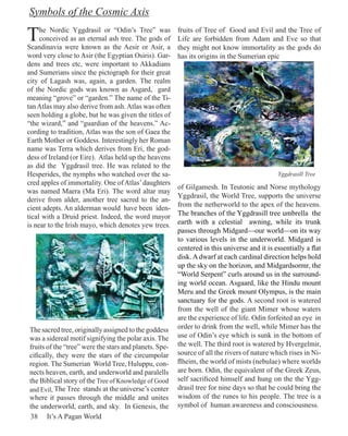 Symbols of the Cosmic Axis

T    he Nordic Yggdrasil or “Odin’s Tree” was
     conceived as an eternal ash tree. The gods of
Scandinavia were known as the Aesir or Asir, a
                                                        fruits of Tree of Good and Evil and the Tree of
                                                        Life are forbidden from Adam and Eve so that
                                                        they might not know immortality as the gods do
word very close to Asir (the Egyptian Osiris). Gar-     has its origins in the Sumerian epic
dens and trees etc, were important to Akkadians
and Sumerians since the pictograph for their great
city of Lagash was, again, a garden. The realm
of the Nordic gods was known as Asgard, gard
meaning “grove” or “garden.” The name of the Ti-
tan Atlas may also derive from ash. Atlas was often
seen holding a globe, but he was given the titles of
“the wizard,” and “guardian of the heavens.” Ac-
cording to tradition, Atlas was the son of Gaea the
Earth Mother or Goddess. Interestingly her Roman
name was Terra which derives from Eri, the god-
dess of Ireland (or Eire). Atlas held up the heavens
as did the Yggdrasil tree. He was related to the
Hesperides, the nymphs who watched over the sa-                                              Yggdrasill Tree
cred apples of immortality. One of Atlas’ daughters
                                                        of Gilgamesh. In Teutonic and Norse mythology
was named Maera (Ma Eri). The word altar may
                                                        Yggdrasil, the World Tree, supports the universe
derive from alder, another tree sacred to the an-
                                                        from the netherworld to the apex of the heavens.
cient adepts. An alderman would have been iden-
tical with a Druid priest. Indeed, the word mayor       The branches of the Yggdrasill tree umbrella the
is near to the Irish mayo, which denotes yew trees.     earth with a celestial awning, while its trunk
                                                        passes through Midgard—our world—on its way
                                                        to various levels in the underworld. Midgard is
                                                        centered in this universe and it is essentially a flat
                                                        disk. A dwarf at each cardinal direction helps hold
                                                        up the sky on the horizon, and Midgardsormr, the
                                                        “World Serpent” curls around us in the surround-
                                                        ing world ocean. Asgaard, like the Hindu mount
                                                        Meru and the Greek mount Olympus, is the main
                                                        sanctuary for the gods. A second root is watered
                                                        from the well of the giant Mimer whose waters
                                                        are the experience of life. Odin forfeited an eye in
The sacred tree, originally assigned to the goddess     order to drink from the well, while Mimer has the
was a sidereal motif signifying the polar axis. The     use of Odin’s eye which is sunk in the bottom of
fruits of the “tree” were the stars and planets. Spe-   the well. The third root is watered by Hvergelmir,
cifically, they were the stars of the circumpolar       source of all the rivers of nature which rises in Ni-
region. The Sumerian World Tree, Huluppu, con-          flheim, the world of mists (nebulae) where worlds
nects heaven, earth, and underworld and paralells       are born. Odin, the equivalent of the Greek Zeus,
the Biblical story of the Tree of Knowledge of Good     self sacrificed himself and hung on the the Ygg-
and Evil, The Tree stands at the universe’s center      drasil tree for nine days so that he could bring the
where it passes through the middle and unites           wisdom of the runes to his people. The tree is a
the underworld, earth, and sky. In Genesis, the         symbol of human awareness and consciousness.
38 It’s A Pagan World
 