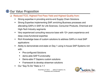 Our Value Proposition66
 Reduced TCO, Highest First Pass Yield and Highest Quality from:
 Strong expertise in providing end-to-end Supply Chain Solutions
 Strong Expertise implementing SAP, enriching Business processes and
alleviating GAPs in SAP, for Life Sciences, Consumer Products, Chemical and
High-Tech Industry segments
 Very experienced consulting resource base with 12+ years experience andy p g y p
deep cross-functional expertise
 Rich Knowledge base of custom solutions to address GAPs in most SAP
applicationspp
 Ability to demonstrate end-state on Day 1 using in-house SAP Systems rich
with:
 Pre-configured SolutionsPre configured Solutions
 demo-able SAP Functionality
 Demo-able IT Sapiens custom solutions
 Framework to develop strawman solutions Framework to develop strawman solutions
 Our “Say-To Do” Ratio is 1:1
November 21st 2013 ©2013 IT Sapiens, Inc.
Proprietary and Confidential
 
