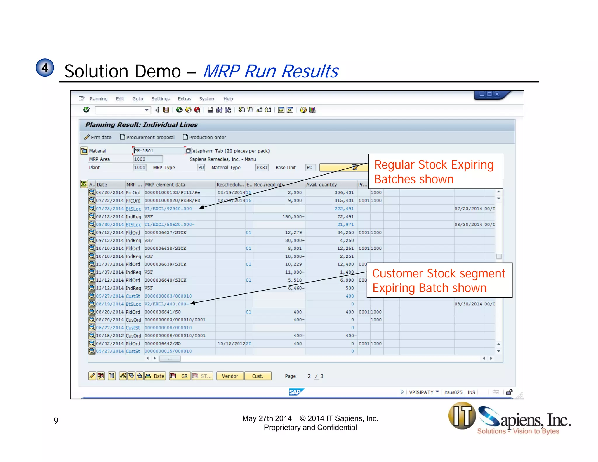 Solution Demo – MRP Run Results44
Regular Stock Expiring
Batches shown
Customer Stock segment
Expiring Batch shown
May 27th 2014 © 2014 IT Sapiens, Inc.
Proprietary and Confidential
9
 