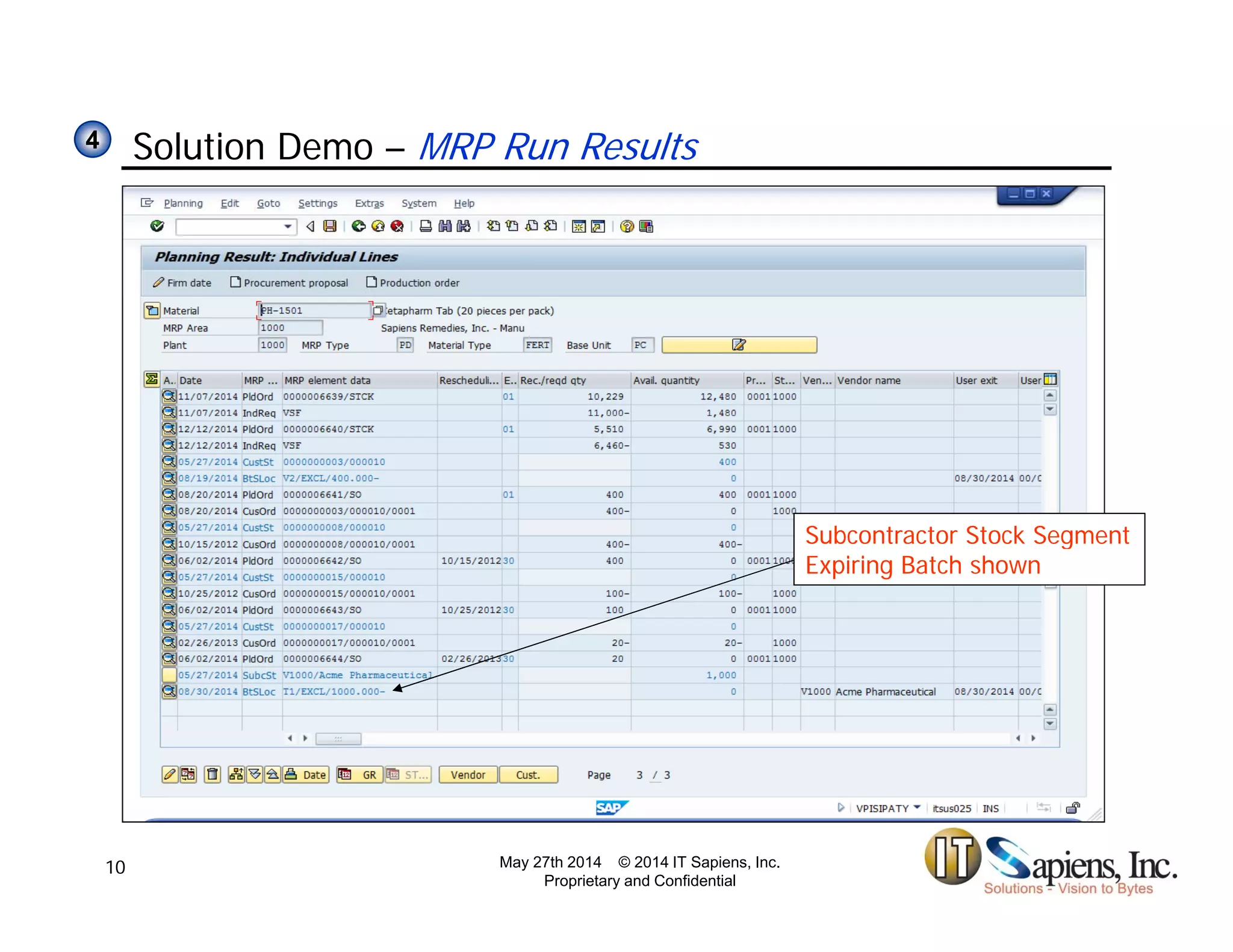 Solution Demo – MRP Run Results44
Subcontractor Stock SegmentSubcontractor Stock Segment
Expiring Batch shown
May 27th 2014 © 2014 IT Sapiens, Inc.
Proprietary and Confidential
10
 