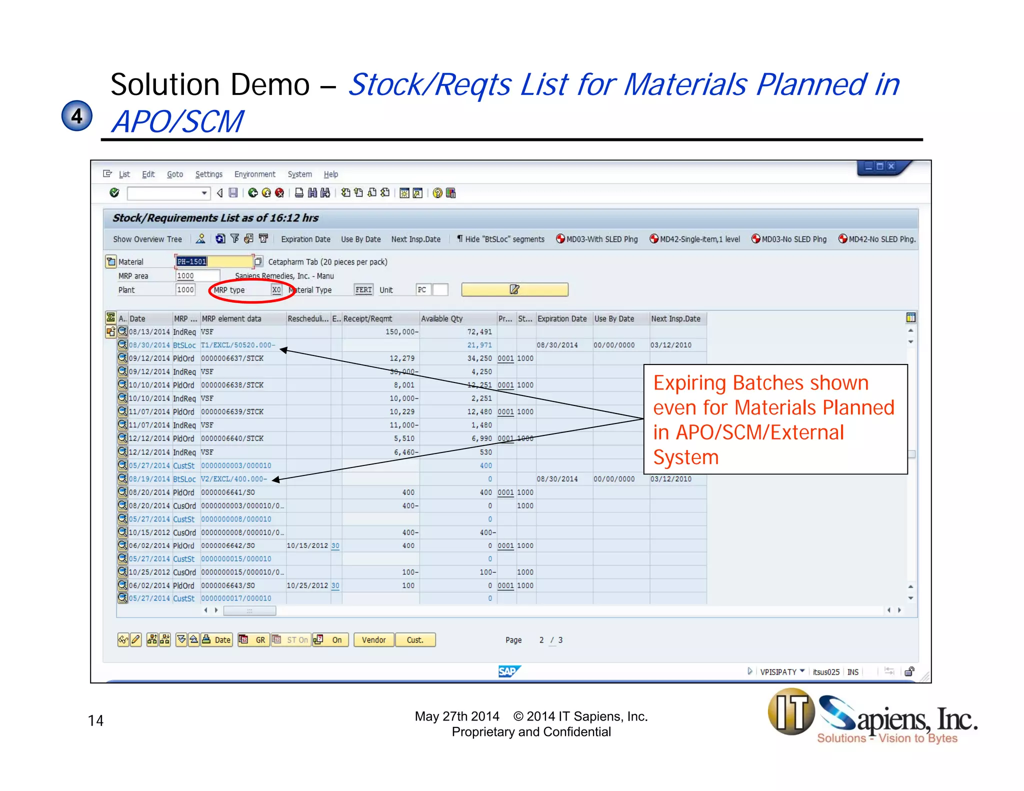 Solution Demo – Stock/Reqts List for Materials Planned in
APO/SCM44
Expiring Batches shown
even for Materials Planned
in APO/SCM/External
System
May 27th 2014 © 2014 IT Sapiens, Inc.
Proprietary and Confidential
14
 