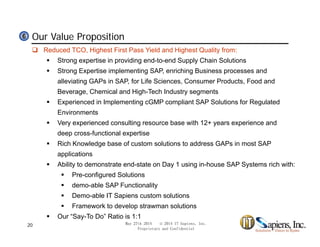 Our Value Proposition66
 Reduced TCO, Highest First Pass Yield and Highest Quality from:
 Strong expertise in providing end-to-end Supply Chain Solutions
 Strong Expertise implementing SAP, enriching Business processes and
alleviating GAPs in SAP, for Life Sciences, Consumer Products, Food and
Beverage, Chemical and High-Tech Industry segments
 Experienced in Implementing cGMP compliant SAP Solutions for Regulated
Environments
 Very experienced consulting resource base with 12+ years experience and
deep cross-functional expertise
 Rich Knowledge base of custom solutions to address GAPs in most SAP
applications
 Ability to demonstrate end-state on Day 1 using in-house SAP Systems rich with:
 Pre-configured Solutions
 demo-able SAP Functionality
 Demo-able IT Sapiens custom solutions
 Framework to develop strawman solutions
 Our “Say-To Do” Ratio is 1:1
May 27th 2014 © 2014 IT Sapiens, Inc.
Proprietary and Confidential
20
 