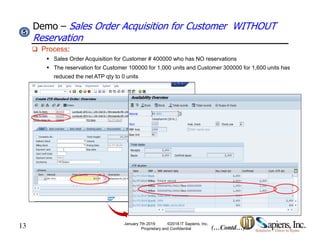 Demo – Sales Order Acquisition for Customer WITHOUT
Reservation
55
 Process:
 Sales Order Acquisition for Customer # 400000 who has NO reservations
 The reservation for Customer 100000 for 1,000 units and Customer 300000 for 1,600 units has
reduced the net ATP qty to 0 unitsreduced the net ATP qty to 0 units
13 (…Contd…)
January 7th 2019 ©2018 IT Sapiens, Inc.
Proprietary and Confidential
 