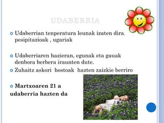 

Udaberrian tenperatura leunak izaten dira,
pesipitazioak , ugariak

Udaberriaren hazieran, egunak eta gauak
denbora berbera iraunten dute.
 Zuhaitz askori hostoak hazten zaizkie berriro


Martxoaren 21 a
udaberria hazten da


 