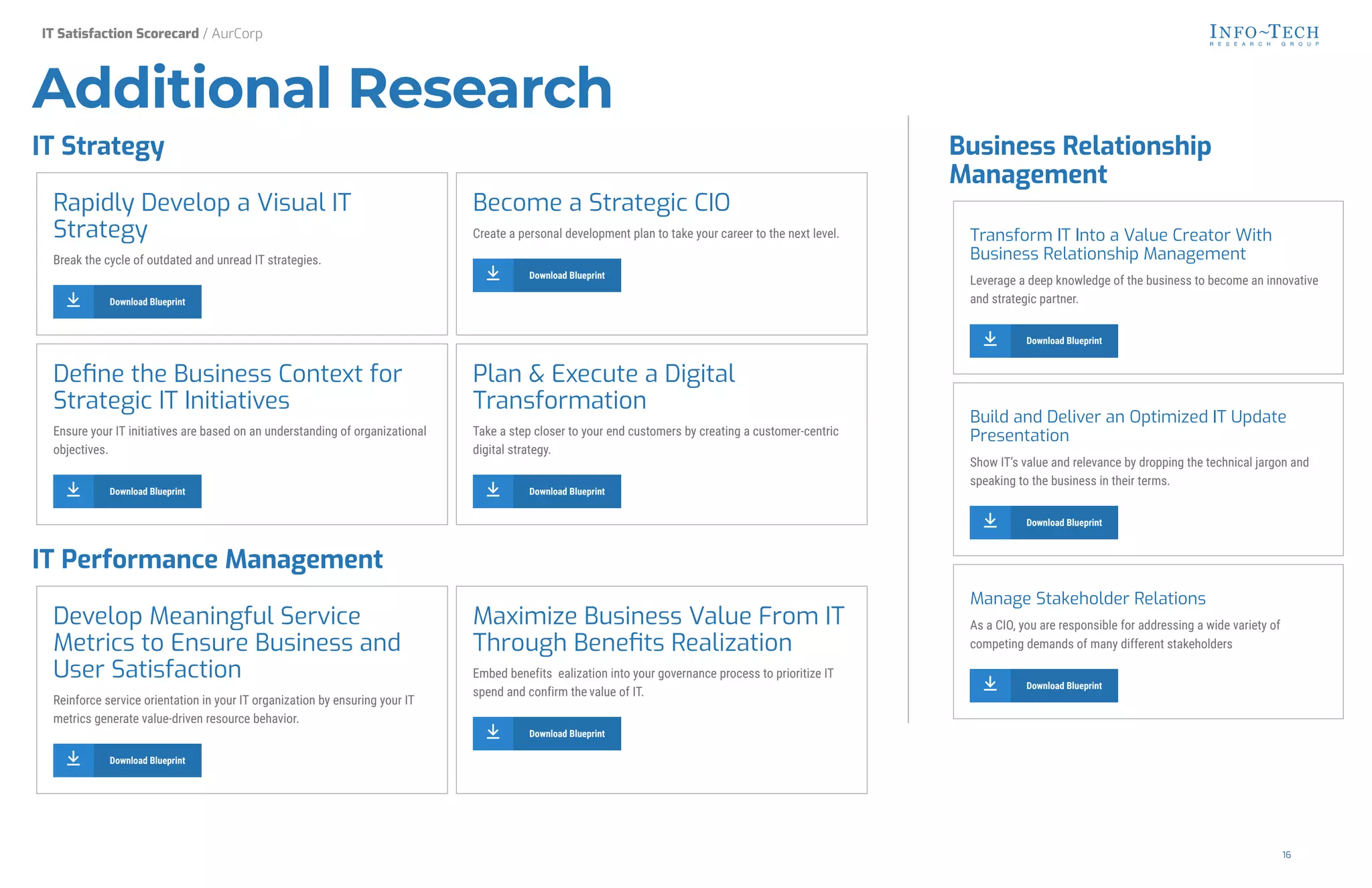 Additional Research
IT Strategy
Rapidly Develop a Visual IT
Strategy
Break the cycle of outdated and unread IT strategies.
Download Blueprint
Become a Strategic CIO
Create a personal development plan to take your career to the next level.
Download Blueprint
De1ne the Business Context for
Strategic IT Initiatives
Ensure your IT initiatives are based on an understanding of organizational
objectives.
Download Blueprint
Plan & Execute a Digital
Transformation
Take a step closer to your end customers by creating a customer-centric
digital strategy.
Download Blueprint
IT Performance Management
Develop Meaningful Service
Metrics to Ensure Business and
User Satisfaction
Reinforce service orientation in your IT organization by ensuring your IT
metrics generate value-driven resource behavior.
Download Blueprint
Maximize Business Value From IT
Through Bene1ts Realization
Embed benefits ealization into your governance process to prioritize IT
spend and confirm the value of IT.
Download Blueprint
Transform IT Into a Value Creator With
Business Relationship Management
Leverage a deep knowledge of the business to become an innovative
and strategic partner.
Download Blueprint
Build and Deliver an Optimized IT Update
Presentation
Show IT’s value and relevance by dropping the technical jargon and
speaking to the business in their terms.
Download Blueprint
Manage Stakeholder Relations
As a CIO, you are responsible for addressing a wide variety of
competing demands of many different stakeholders
Download Blueprint
Business Relationship
Management
IT Satisfaction Scorecard / AurCorp
16
 
