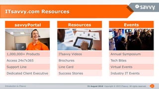 31 August 2016 Copyright © 2015 ITsavvy All rights reserved.Introduction to ITsavvy
savvyPortal Resources Events
22
ITsavvy.com Resources
1,000,000+ Products
Access 24x7x365
Support Line
Dedicated Client Executive
ITsavvy Videos
Brochures
Line Card
Success Stories
Annual Symposium
Tech Bites
Virtual Events
Industry IT Events
 