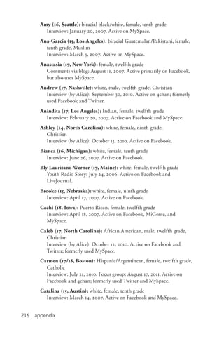 appendix216
Amy (16, Seattle): biracial black/white, female, tenth grade
	 Interview: January 20, 2007. Active on MySpace.
Ana-­Garcia (15, Los Angeles): biracial Guatemalan/Pakistani, female,
tenth grade, Muslim
	 Interview: March 5, 2007. Active on MySpace.
Anastasia (17, New York): female, twelfth grade
	 Comments via blog: August 11, 2007. Active primarily on Facebook,
but also uses MySpace.
Andrew (17, Nashville): white, male, twelfth grade, Christian
	 Interview (by Alice): September 30, 2010. Active on 4chan; formerly
used Facebook and Twitter.
Anindita (17, Los Angeles): Indian, female, twelfth grade
	 Interview: February 20, 2007. Active on Facebook and MySpace.
Ashley (14, North Carolina): white, female, ninth grade,
Christian
	 Interview (by Alice): October 13, 2010. Active on Facebook.
Bianca (16, Michigan): white, female, tenth grade
	 Interview: June 26, 2007. Active on Facebook.
Bly Lauritano-­Werner (17, Maine): white, female, twelfth grade
	 Youth Radio Story: July 24, 2006. Active on Facebook and
LiveJournal.
Brooke (15, Nebraska): white, female, ninth grade
	 Interview: April 17, 2007. Active on Facebook.
Cachi (18, Iowa): Puerto Rican, female, twelfth grade
	 Interview: April 18, 2007. Active on Facebook, MiGente, and
MySpace.
Caleb (17, North Carolina): African American, male, twelfth grade,
Christian
	 Interview (by Alice): October 12, 2010. Active on Facebook and
Twitter; formerly used MySpace.
Carmen (17/18, Boston): Hispanic/Argentinean, female, twelfth grade,
Catholic
	 Interview: July 21, 2010. Focus group: August 17, 2011. Active on
Facebook and 4chan; formerly used Twitter and MySpace.
Catalina (15, Austin): white, female, tenth grade
	 Interview: March 14, 2007. Active on Facebook and MySpace.
 