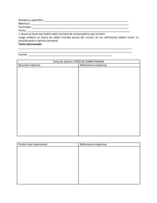Nombres y apellidos: _____________________________________________________________
Matrícula: ______________________________________________________________________
Facilitador: _____________________________________________________________________
Fecha: __________________________________________________________________________
1. Busca un texto que hable sobre los tipos de computadores que existen.
Luego elabora un diario de doble entrada acerca del mismo. En las reflexiones debes incluir tu
consideración y opinión personal.
Texto seleccionado:
_________________________________________________________________________________
_________________________________________________________________________________
Fuente: ____________________________________________________________
Tema de análisis: TIPOS DE COMPUTADORA
Resumen objetivo Reflexiones subjetivas
Puntos más importantes Reflexiones subjetivas
 