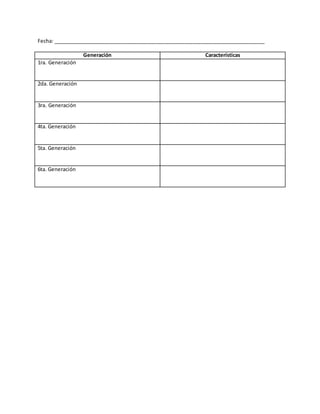 Fecha: __________________________________________________________________________
Generación Características
1ra. Generación
2da. Generación
3ra. Generación
4ta. Generación
5ta. Generación
6ta. Generación
 
