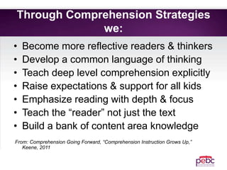 Through Comprehension Strategies
we:
• Become more reflective readers & thinkers
• Develop a common language of thinking
• Teach deep level comprehension explicitly
• Raise expectations & support for all kids
• Emphasize reading with depth & focus
• Teach the “reader” not just the text
• Build a bank of content area knowledge
From: Comprehension Going Forward, “Comprehension Instruction Grows Up,”
Keene, 2011
 