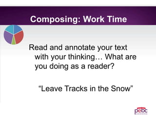Composing: Work Time
Read and annotate your text
with your thinking… What are
you doing as a reader?
“Leave Tracks in the Snow”
 