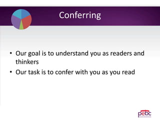 Conferring
• Our goal is to understand you as readers and
thinkers
• Our task is to confer with you as you read
 