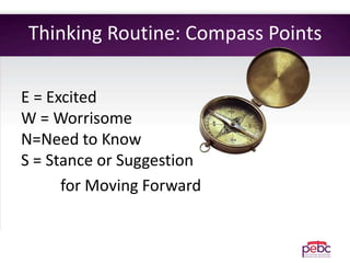Thinking Routine: Compass Points
E = Excited
W = Worrisome
N=Need to Know
S = Stance or Suggestion
for Moving Forward
 