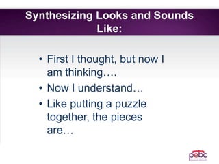 Synthesizing Looks and Sounds
Like:
• First I thought, but now I
am thinking….
• Now I understand…
• Like putting a puzzle
together, the pieces
are…
 