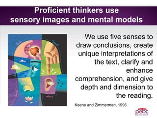 Proficient thinkers use
sensory images and mental models
We use five senses to
draw conclusions, create
unique interpretations of
the text, clarify and
enhance
comprehension, and give
depth and dimension to
the reading.
Keene and Zimmerman, 1996
 