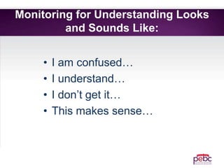 Monitoring for Understanding Looks
and Sounds Like:
• I am confused…
• I understand…
• I don’t get it…
• This makes sense…
 