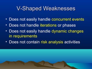 V-Shaped WeaknessesV-Shaped Weaknesses
• Does not easily handle concurrent events
• Does not handle iterations or phases
• Does not easily handle dynamic changes
in requirements
• Does not contain risk analysis activities
 