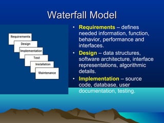 Waterfall ModelWaterfall Model
• Requirements – defines
needed information, function,
behavior, performance and
interfaces.
• Design – data structures,
software architecture, interface
representations, algorithmic
details.
• Implementation – source
code, database, user
documentation, testing.
 