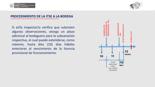 Si el/la inspector/a verifica que subsisten
algunas observaciones, otorga un plazo
adicional al bodeguero para la subsanación
respectiva, el cual puede extenderse, como
máximo, hasta diez (10) días hábiles
anteriores al vencimiento de la licencia
provisional de funcionamiento.
PROCEDIMIENTO DE LA ITSE A LA BODEGA
 