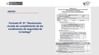 Formato N° 01 “Declaración
Jurada de cumplimiento de las
condiciones de seguridad de
la bodega”
ANEXOS
 