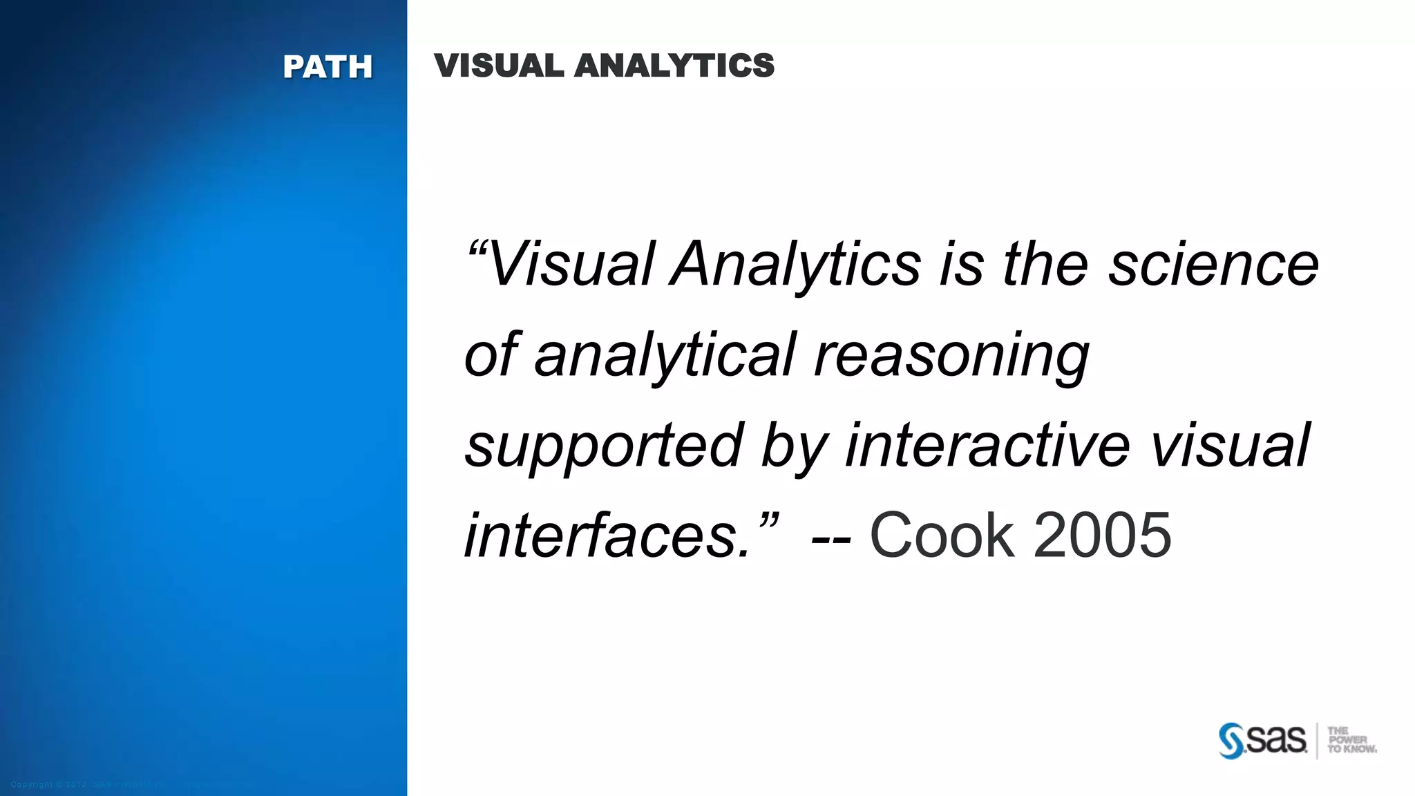 Copyright © 2012, SAS Institute Inc. All rights reserv ed.
PATH VISUAL ANALYTICS
“Visual Analytics is the science
of analytical reasoning
supported by interactive visual
interfaces.” -- Cook 2005
 