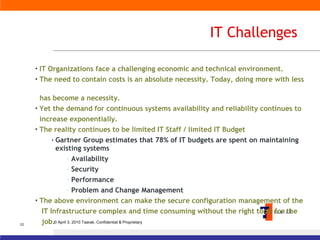 IT Challenges IT Organizations face a challenging economic and technical environment. The need to contain costs is an absolute necessity. Today, doing more with less  has become a necessity. Yet the demand for continuous systems availability and reliability continues to  increase exponentially. The reality continues to be limited IT Staff / limited IT Budget Gartner Group estimates that 78% of IT budgets are spent on maintaining existing systems Availability Security Performance Problem and Change Management The above environment can make the secure configuration management of the  IT Infrastructure complex and time consuming without the right tools for the  job. 