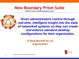 New Boundary Technologies CONFIDENTIAL INFORMATION New Boundary Prism Suite  http://www.newboundary.com Gives administrators control through real-time, intelligent insight into the state of networked systems so they can create and enforce standard desktop configurations for their organization. A Real Benefit for an organization 