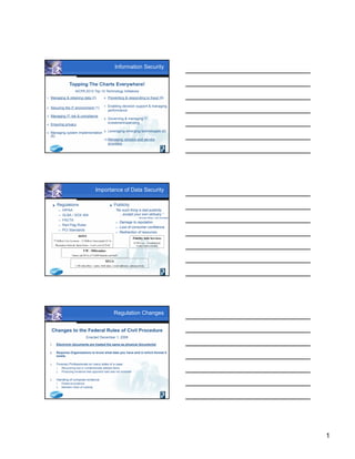 1
Information Security
1. Managing & retaining data (2)
2. Securing the IT environment (1)
3. Managing IT risk & compliance
4. Ensuring privacy
5. Managing system implementation
(6)
Topping The Charts Everywhere!
AICPA 2013 Top 10 Technology Initiatives
6. Preventing & responding to fraud (9)
7. Enabling decision support & managing
performance
8. Governing & managing IT
investment/spending
9. Leveraging emerging technologies (6)
10.Managing vendors and service
providers
Importance of Data Security
 Regulations
 HIPAA
 GLBA / SOX 404
 FACTA
 Red Flag Rules
 PCI Standards
 Publicity
“No such thing is bad publicity
…except your own obituary.”
- Brendan Behan, Irish Dramatist
 Damage to reputation.
 Loss of consumer confidence.
 Redirection of resources
SONY
77 Million User Accounts – 12 Million Unencrypted CC #s
Playstation Network Taken Down – Cost’s over $178 M
Fidelity Info Services
$13M Loss – Unauthorized
Credit Card Activities
SEGA
1.3M subscribers: names, birth dates, e-mail addresses, and passwords
UW - Milwaukee
Names and SS #s of 75,000 Students and Staff
Regulation Changes
1. Electronic documents are treated the same as physical documents!
2. Requires Organizations to know what data you have and in which format it
exists.
3. Forensic Professionals on many sides of a case:
1. Recovering lost or unintentionally deleted items
2. Producing evidence that opponent said was not available
4. Handling of computer evidence
1. Preserve evidence
2. Maintain chain of custody
Changes to the Federal Rules of Civil Procedure
Enacted December 1, 2006
 