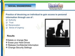 SOCIAL ENGINEERING Practice of deceiving an individual to gain access to personal information through use of : Authority Trust Reciprocation Sense of Urgency Results Delete or change files Erase your Hard Drives Release Confidential Information Change Security Settings 