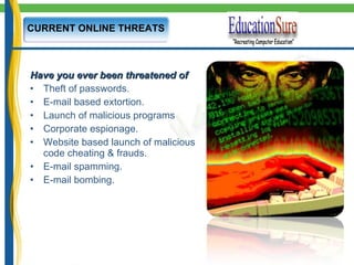 CURRENT ONLINE THREATS Have you ever been threatened of Theft of passwords. E-mail based extortion. Launch of malicious programs  Corporate espionage. Website based launch of malicious code cheating & frauds. E-mail spamming. E-mail bombing. 