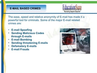 E-MAIL BASED CRIMES   The ease, speed and relative anonymity of E-mail has made it a powerful tool for criminals. Some of the major E-mail related crimes are:  E-mail Spoofing Sending Malicious Codes  through E-mails E-mail Bombing Sending threatening E-mails Defamatory E-mails E-mail Frauds  