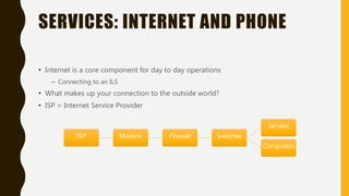 SERVICES: INTERNET AND PHONE
• Internet is a core component for day to day operations
– Connecting to an ILS
• What makes up your connection to the outside world?
• ISP = Internet Service Provider
ISP Modem Firewall Switches
Servers
Computers
 