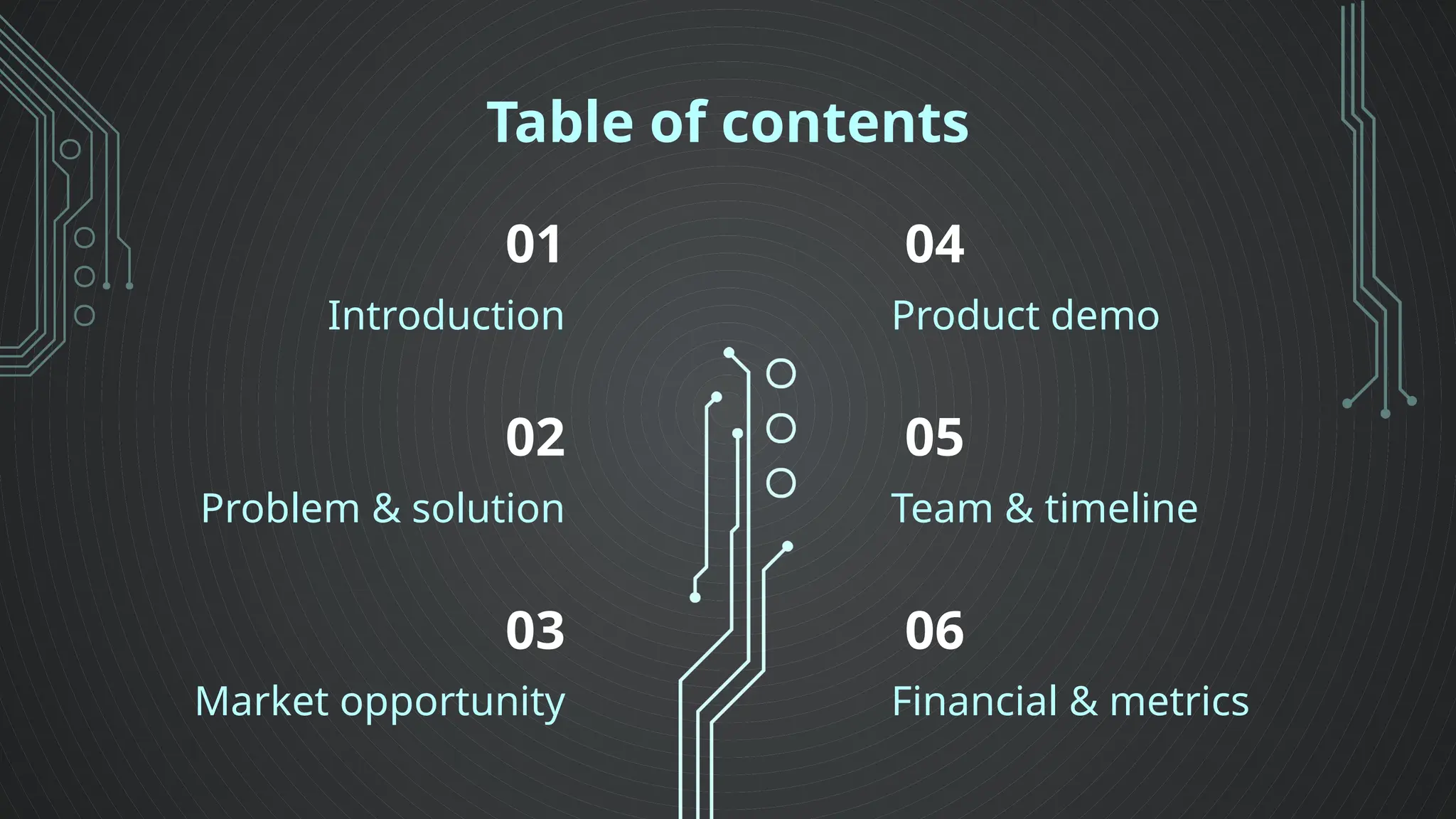 Table of contents
01
02
03
05
04
06
Introduction
Market opportunity
Product demo
Problem & solution Team & timeline
Financial & metrics
 