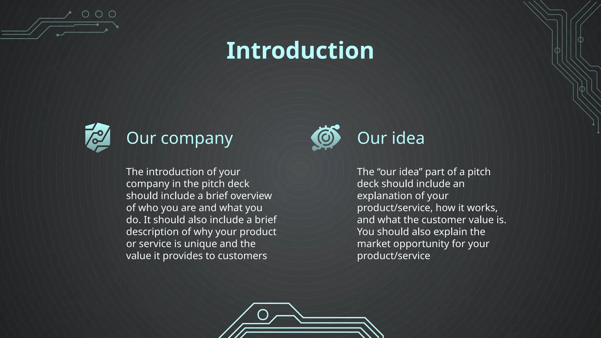Our idea
Introduction
The “our idea” part of a pitch
deck should include an
explanation of your
product/service, how it works,
and what the customer value is.
You should also explain the
market opportunity for your
product/service
The introduction of your
company in the pitch deck
should include a brief overview
of who you are and what you
do. It should also include a brief
description of why your product
or service is unique and the
value it provides to customers
Our company
 