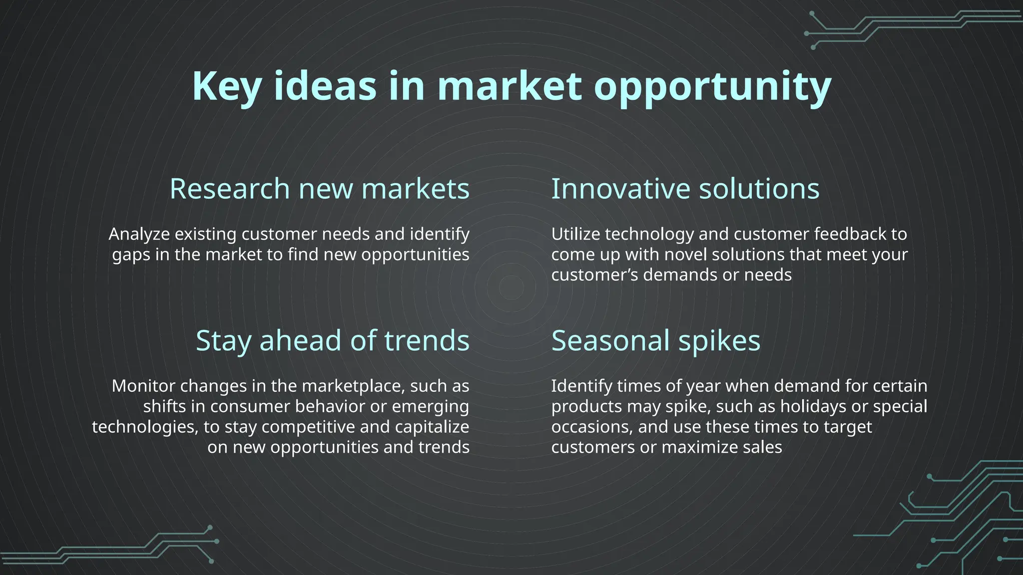 Stay ahead of trends
Key ideas in market opportunity
Analyze existing customer needs and identify
gaps in the market to find new opportunities
Utilize technology and customer feedback to
come up with novel solutions that meet your
customer’s demands or needs
Monitor changes in the marketplace, such as
shifts in consumer behavior or emerging
technologies, to stay competitive and capitalize
on new opportunities and trends
Identify times of year when demand for certain
products may spike, such as holidays or special
occasions, and use these times to target
customers or maximize sales
Research new markets Innovative solutions
Seasonal spikes
 