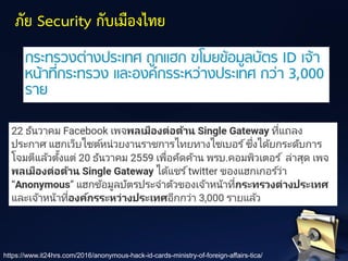 ภัย Security กับเมืองไทย
https://www.it24hrs.com/2016/anonymous-hack-id-cards-ministry-of-foreign-affairs-tica/
 