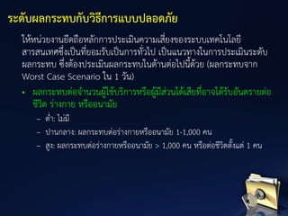 ให้หน่วยงานยึดถือหลักการประเมินความเสี่ยงของระบบเทคโนโลยี
สารสนเทศซึ่งเป็นที่ยอมรับเป็นการทั่วไป เป็นแนวทางในการประเมินระดับ
ผลกระทบ ซึ่งต้องประเมินผลกระทบในด้านต่อไปนี้ด้วย (ผลกระทบจาก
Worst Case Scenario ใน 1 วัน)
• ผลกระทบต่อจานวนผู้ใช้บริการหรือผู้มีส่วนได้เสียที่อาจได้รับอันตรายต่อ
ชีวิต ร่างกาย หรืออนามัย
– ต่า: ไม่มี
– ปานกลาง: ผลกระทบต่อร่างกายหรืออนามัย 1-1,000 คน
– สูง: ผลกระทบต่อร่างกายหรืออนามัย > 1,000 คน หรือต่อชีวิตตั้งแต่ 1 คน
ระดับผลกระทบกับวิธีการแบบปลอดภัย
 